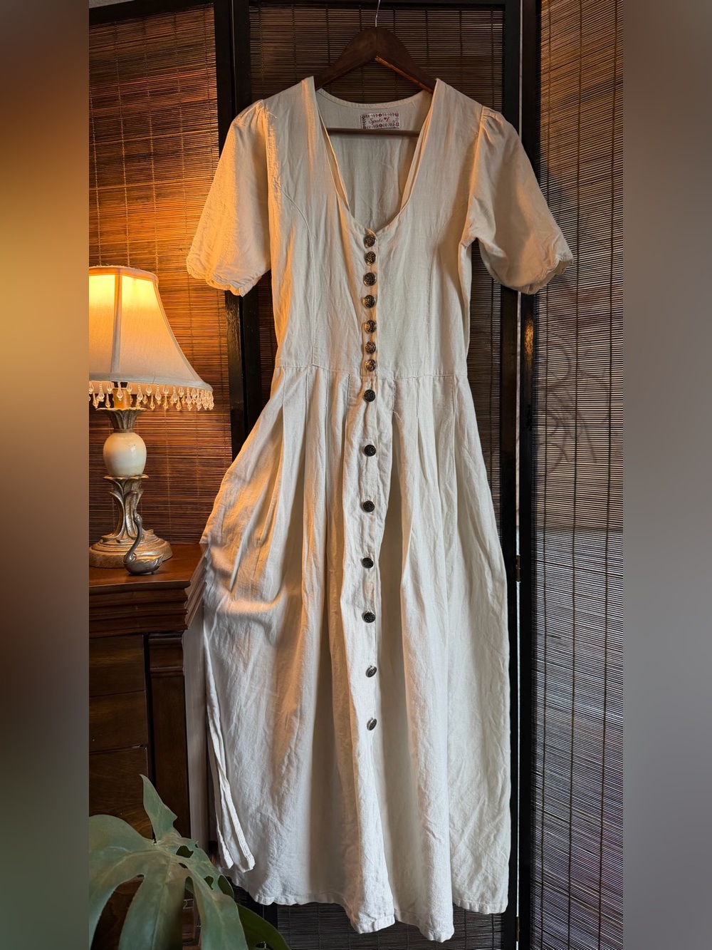 Spatz’l 90% Cotton 10% Linen Ivory Maxi Dress Corset Lace Up Button Front